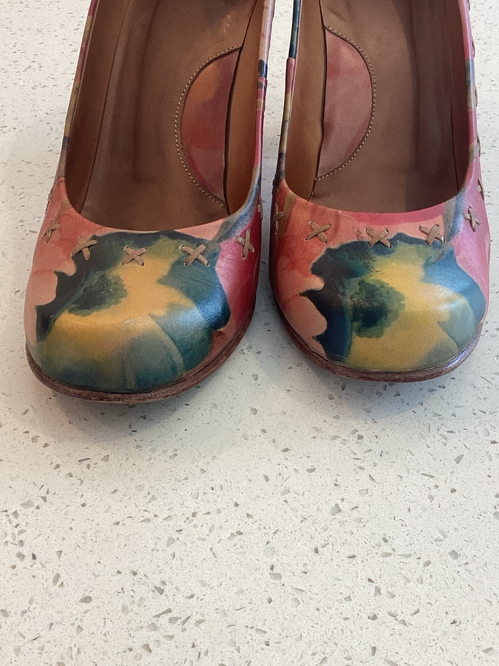 John Fluevog Pink Multicolor Watercolor Round-Toe Pumps - Picture 2 of 5